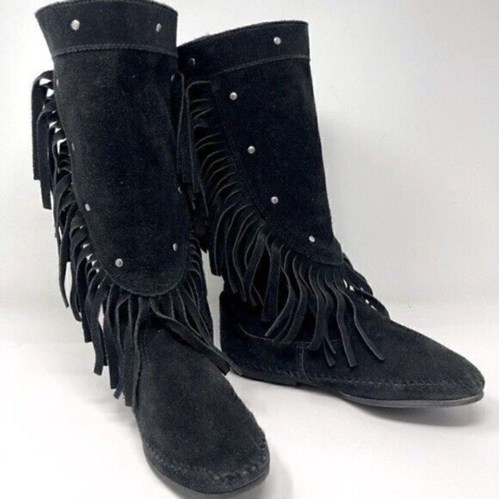 Minnetonka Vintage mid calf black suede boots fringe made in US 5 BoxW